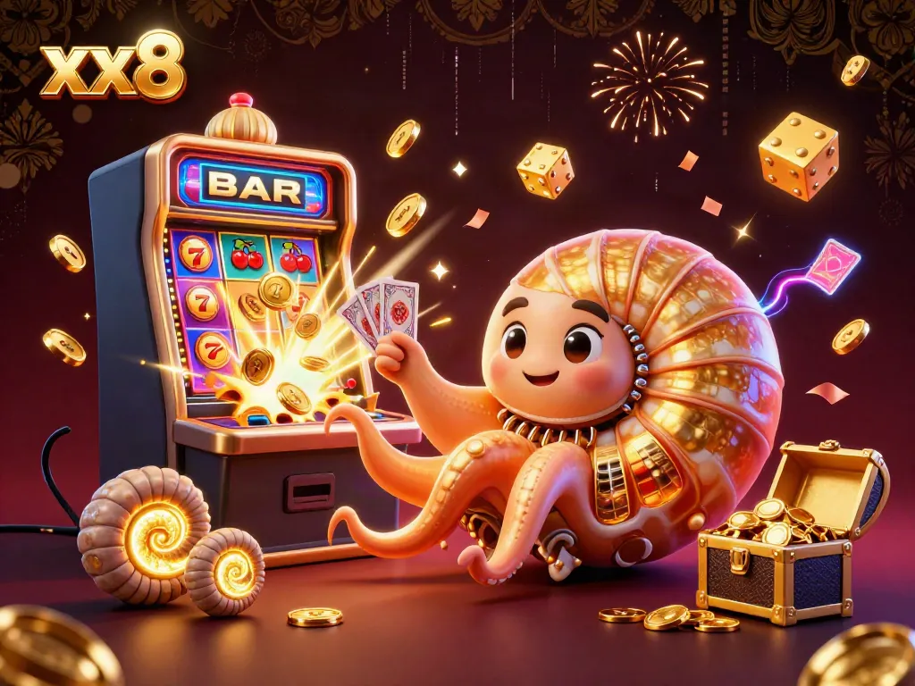The giant nautilus and poker cards come alive at xx8, showcasing an exciting jackpot scene with glowing elements and slot symbols.