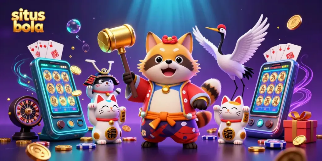 Engage with situs bola in an exciting 3D illustration showcasing cheerful characters, dynamic gaming elements, and a vibrant casino atmosphere.