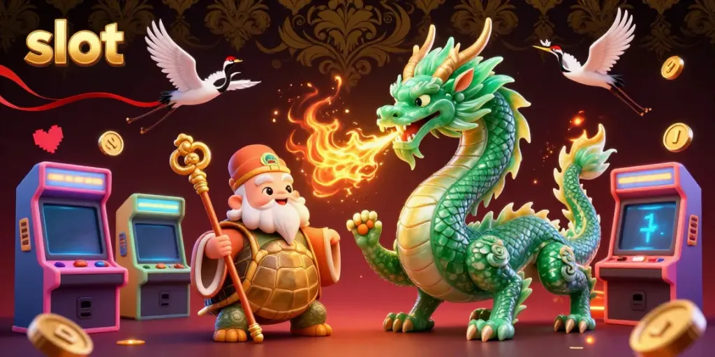 Experience excitement at slot games with a dragon, sage, and lucky cranes in a vibrant casino scene.