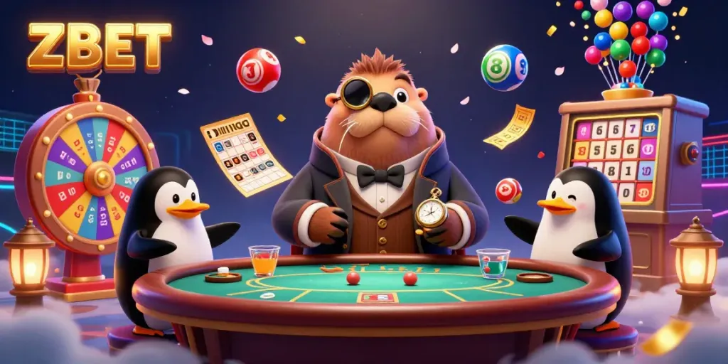 ZBET's lively underwater poker game scene featuring a jolly walrus, a penguin dealer, and a bluffing pufferfish surrounded by colorful casino elements.