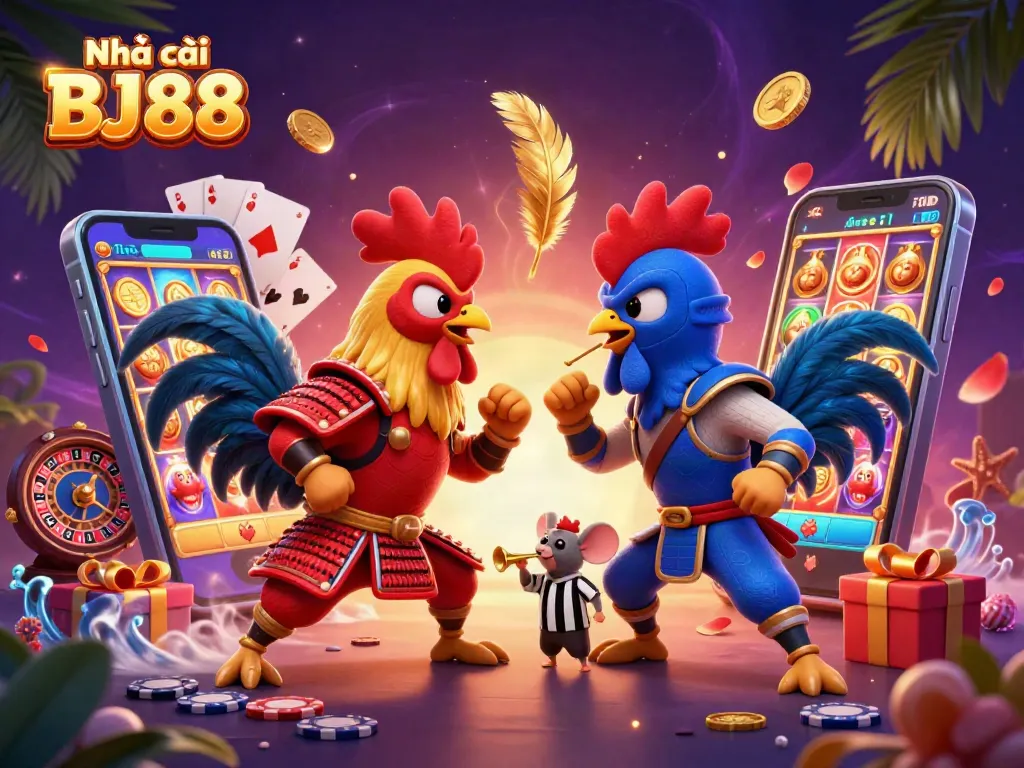 Engage in thrilling gameplay at Nhà cái BJ88, featuring epic 3D cartoon rooster duel in a vibrant casino scene.