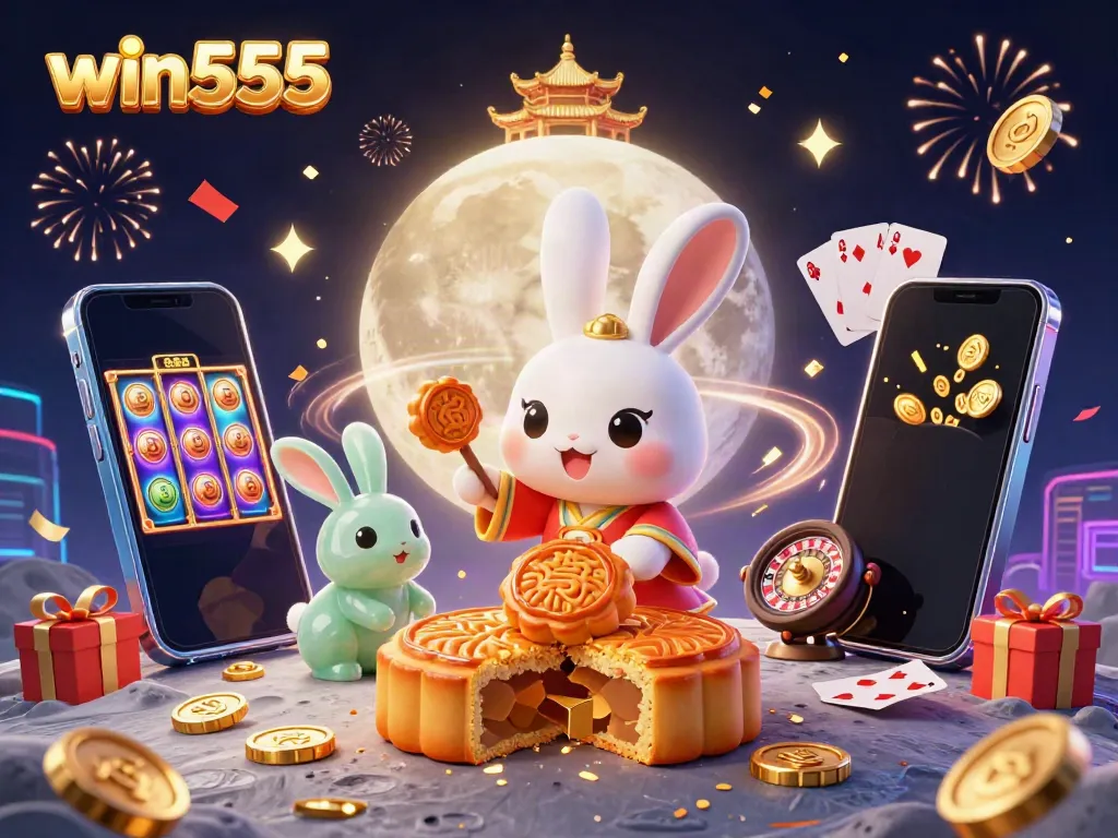 Win555 celebrates lunar fortune with a vibrant 3D illustration of playful moon rabbits and casino elements.