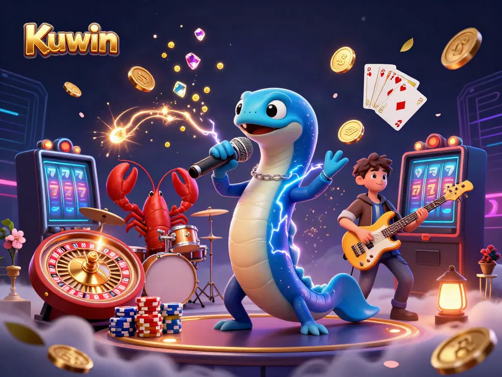 Kuwin's vibrant underwater casino scene featuring an electric eel DJ, lobster drummer, and seahorse guitarist.