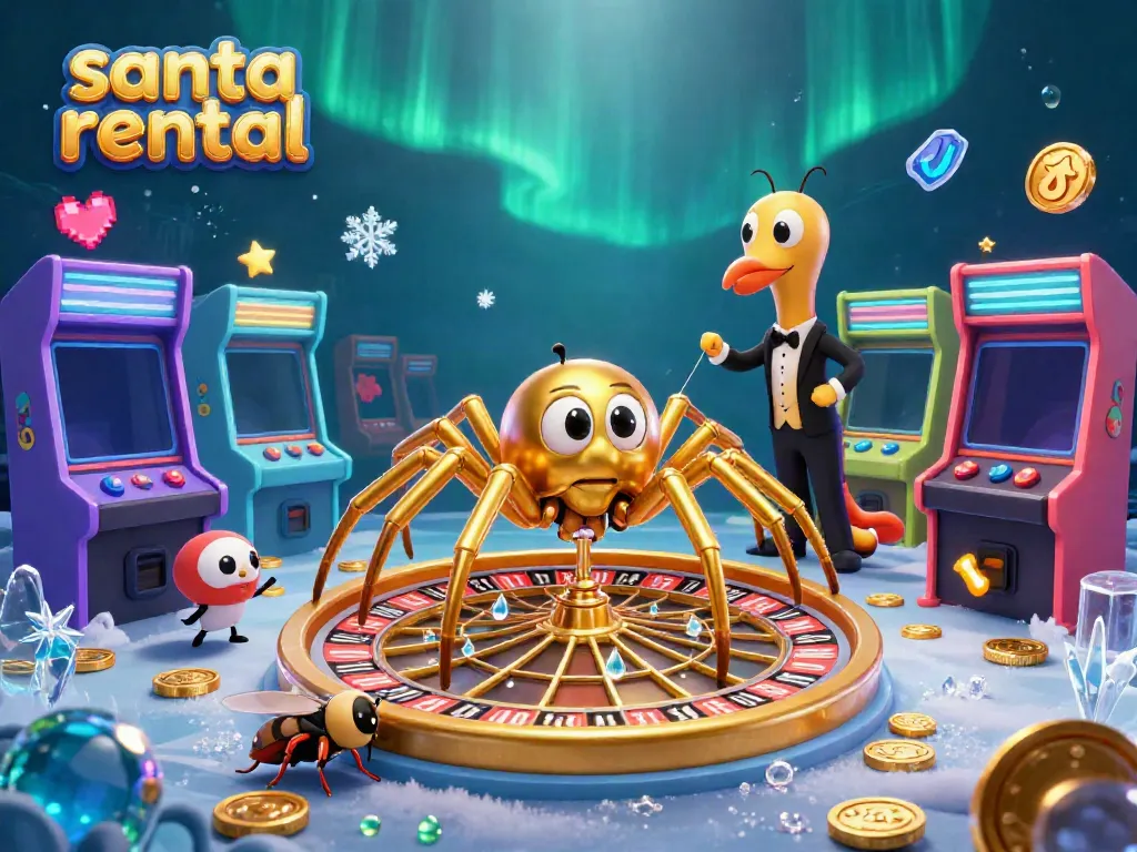 Visualize the thrilling atmosphere of a santa rental casino scene featuring a golden spider and lively characters.