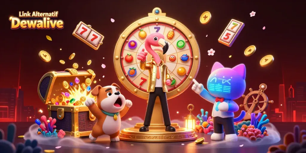 Engage with Link Alternatif Dewalive featuring an energetic scene with casino elements and lively characters.