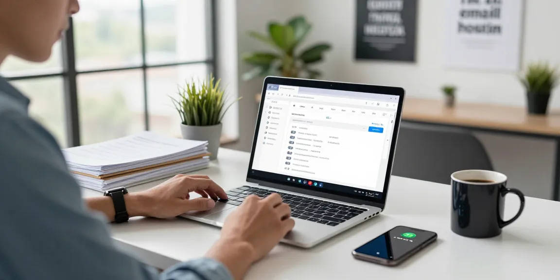 Email Hosting productivity scene with professional at a desk, showcasing email client setup and modern workspace elements.