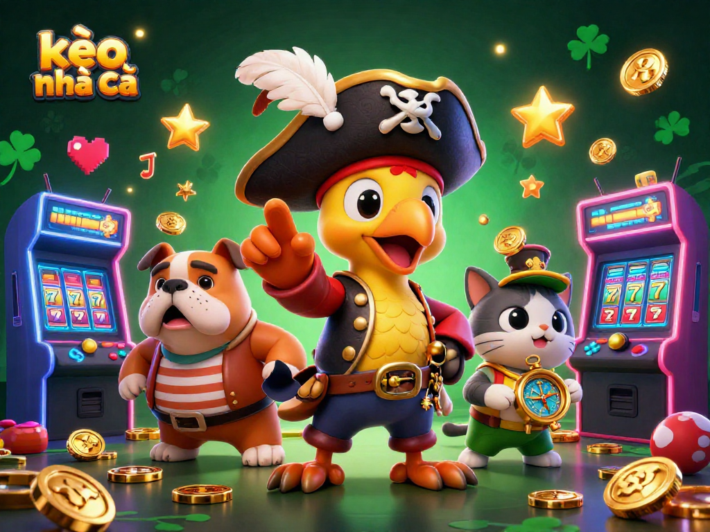 Engage with kèo nhà cái in this vibrant casino scene featuring a pirate captain and friends.