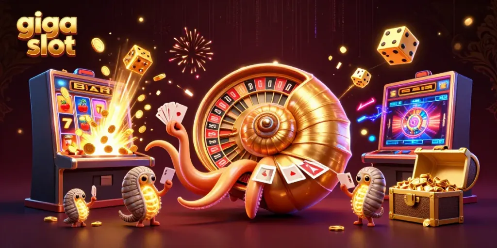 Jelajahi pengalaman bermain giga slot dengan ilustrasi kasino yang megah dan penuh warna.