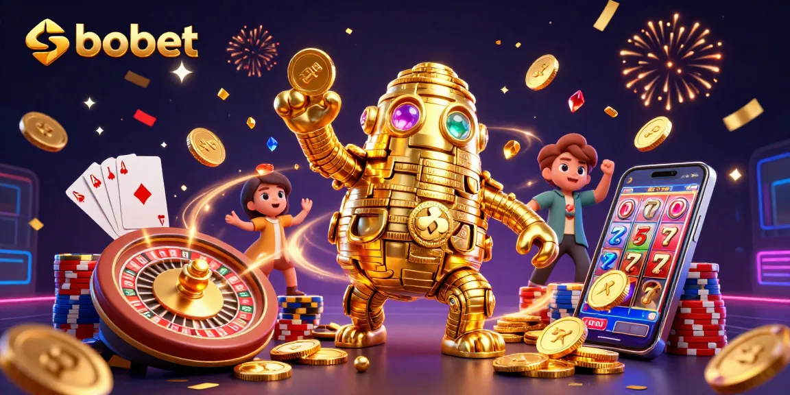 Experience sbobet betting excitement with dynamic gaming elements, showcasing a golden golem surrounded by casino treasures.