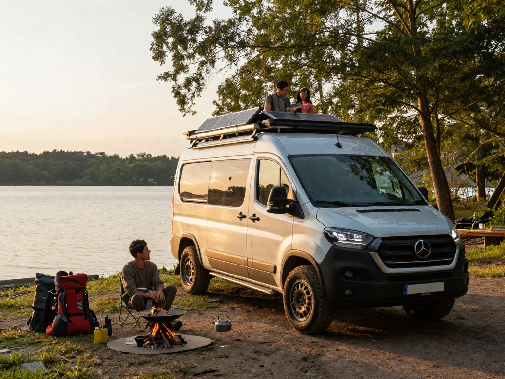 Traveler enjoying van life at a campsite, showcasing rokok 88 electric upgrade setup.