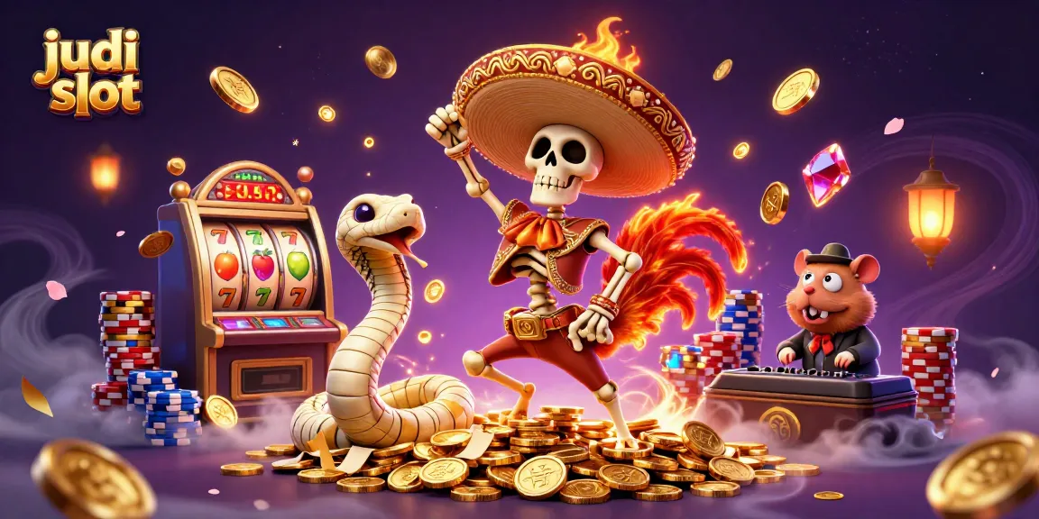 Experience excitement with judi slot, featuring a vivid 3D scene of fun characters celebrating atop golden coins.