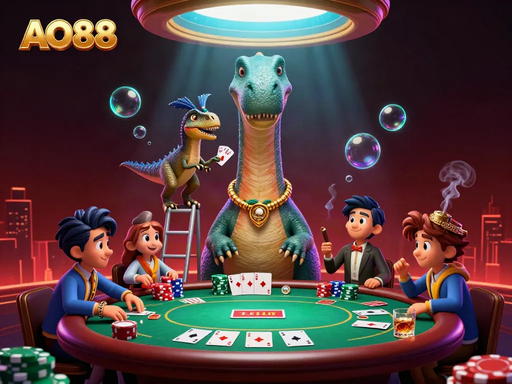 Experience AO88 with a brontosaurus and raptor in a vibrant casino scene featuring poker elements.