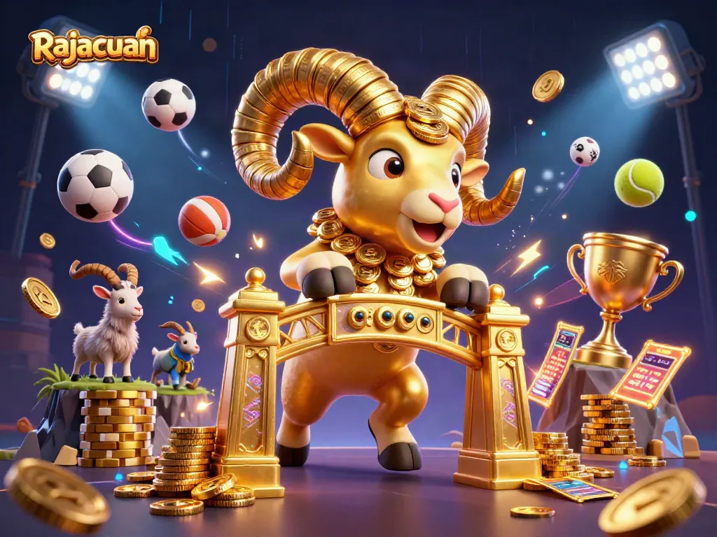 Rajacuan showcases an exhilarating scene with a golden ram charging through a casino entrance amidst vibrant sports betting elements.