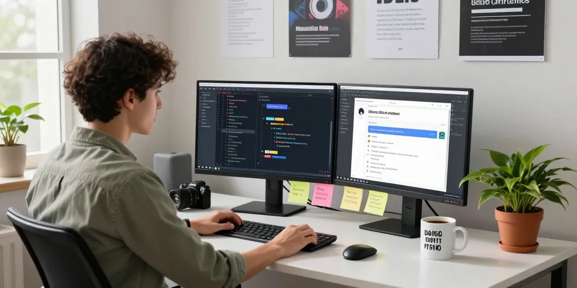Dynamic tech workspace showcasing ai chat nsfw chatbot development with colorful notes and dual monitors.