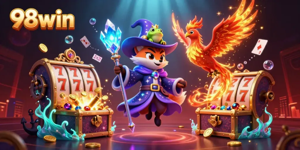 Experience thrilling wins with 98win's vibrant casino illustration showcasing enchanting characters and game elements.