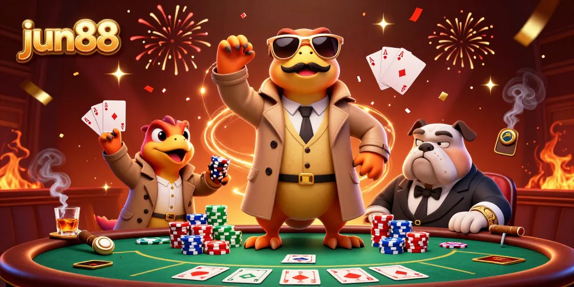 Engage in thrilling gameplay at jun88's poker tables with dynamic characters and vibrant casino elements.