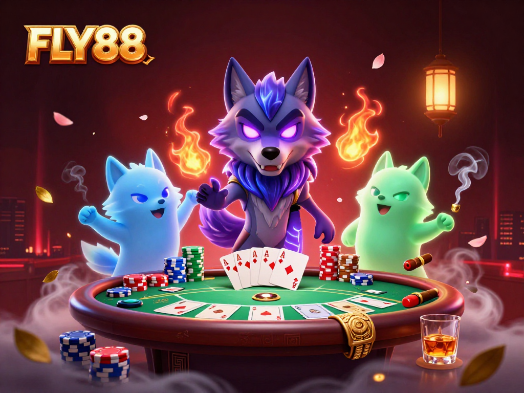 FLY88 captivates players with its vibrant casino atmosphere featuring wolf characters and poker excitement.