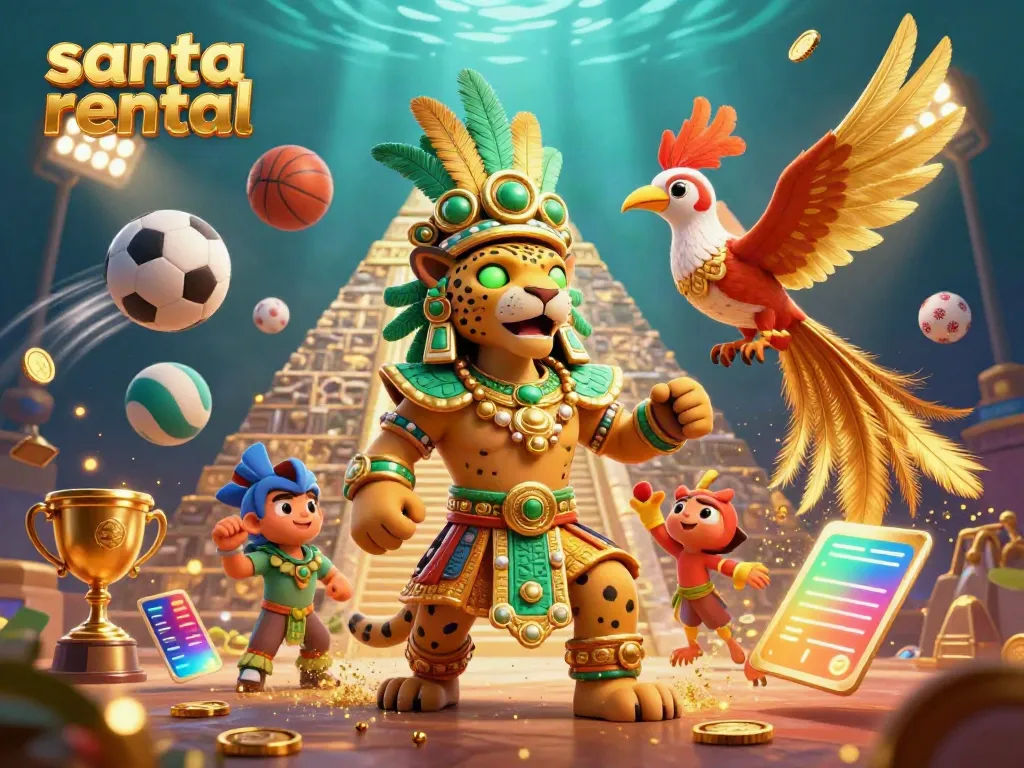 Engage in thrilling santa rental experiences with a vivid 3D illustration featuring vibrant characters and casino elements.