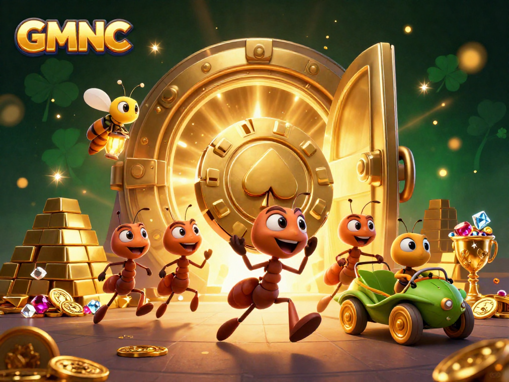 GMNC illustrated heist scene with ants carrying a giant poker chip and sparkling treasures