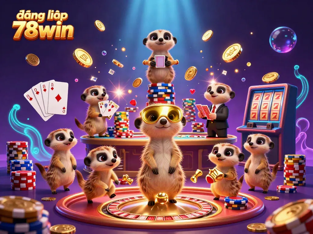 Engaging scene of meerkats in a casino, showcasing đăng nhập 78win with vibrant gaming elements.