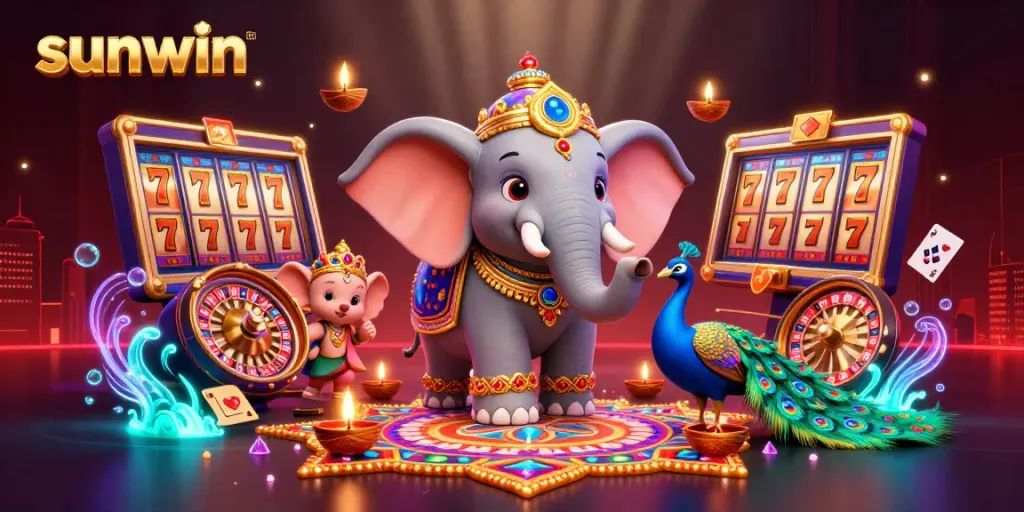 Win big with sunwin while enjoying a vibrant 3D casino scene of lucky symbols and festive elements.