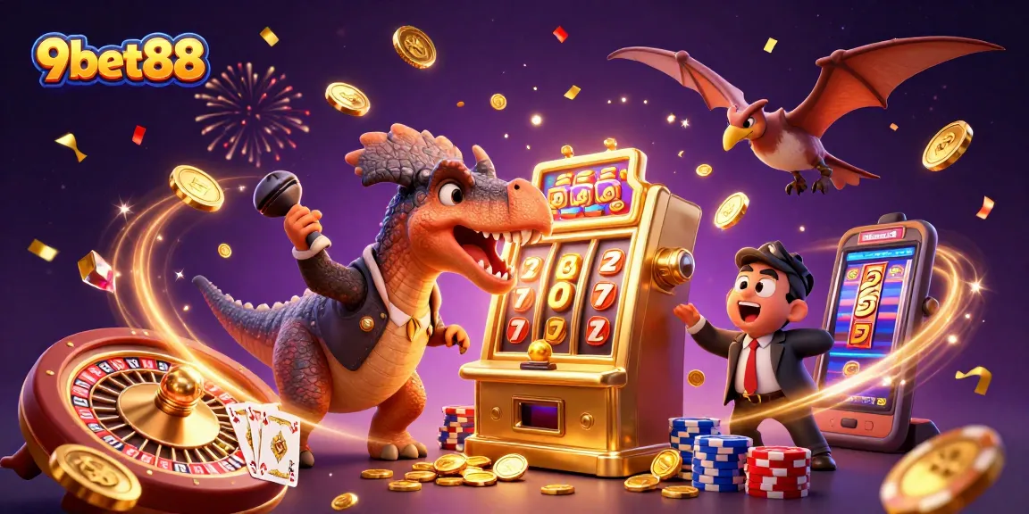Experience the excitement of 9bet88 as a pachycephalosaurus plays a golden slot machine amidst flying coins.