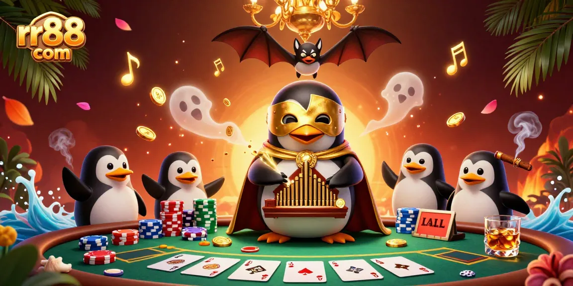 Experience the thrill of rr88 com as the phantom penguin creates a golden coin spectacle amidst poker action.