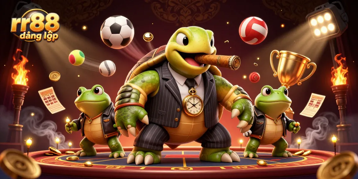 Experience rr88 đăng nhập with vibrant 3D casino action featuring a snapping turtle and sports elements.