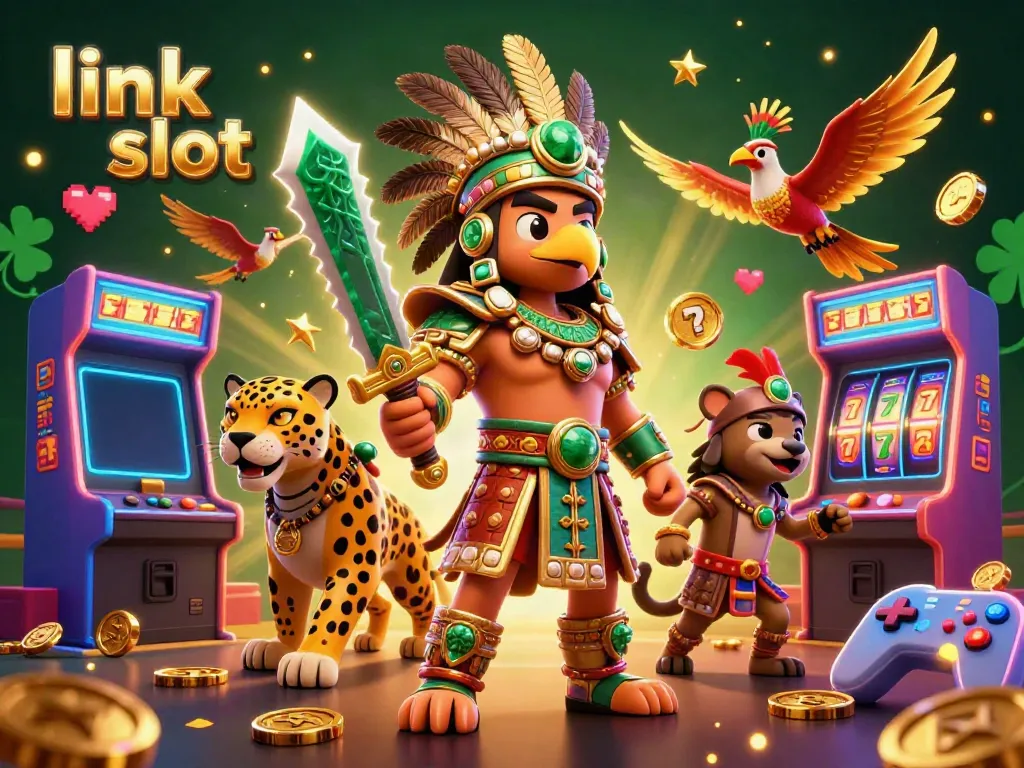 Experience thrill with link slot featuring Aztec warriors and arcade game machines in an exciting atmosphere.