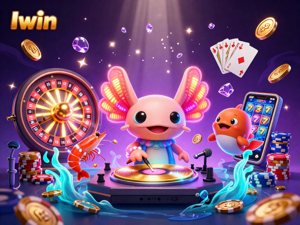 Iwin's dynamic casino art features a neon axolotl DJ with shrimp dancers amidst glowing coins and gaming elements.