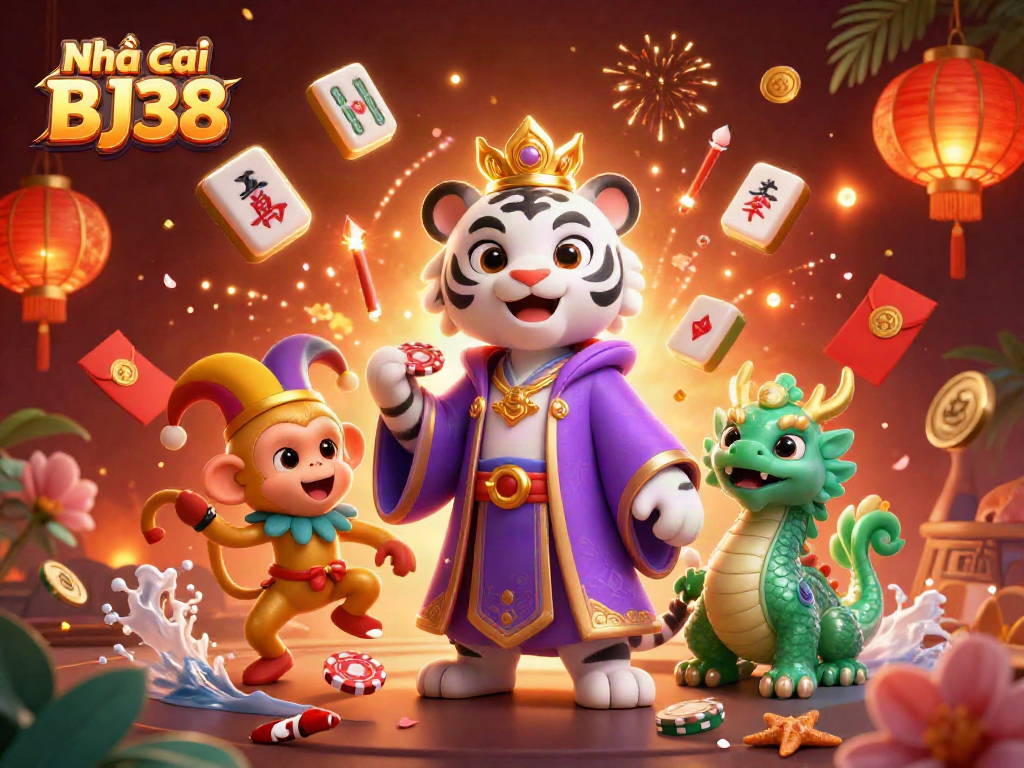 Engage with action at Nhà cái BJ38, featuring an elegant white tiger in a vibrant casino setting.