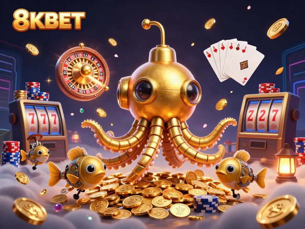 Experience the thrilling gambling world of 8KBET with a vibrant scene of a golden kraken submarine amidst coins and casino elements.
