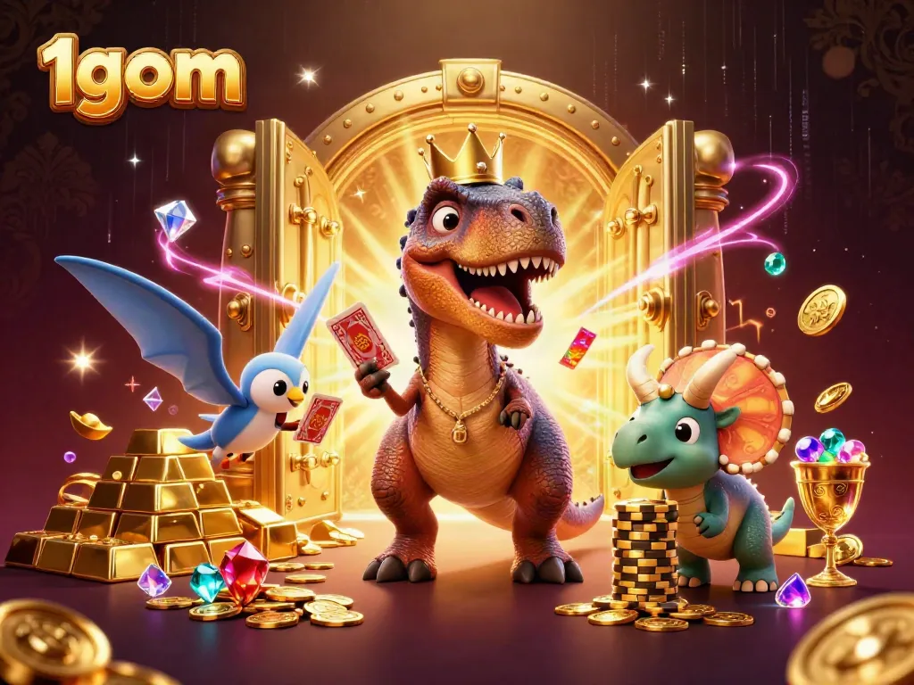 Bet on your favorite games with 1gom, featuring a T-Rex shuffling cards and a baby triceratops stacking chips.