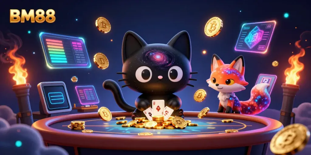 Engage with BM88's vibrant cosmic casino platform, showcasing a black hole cat and a nebula fox.