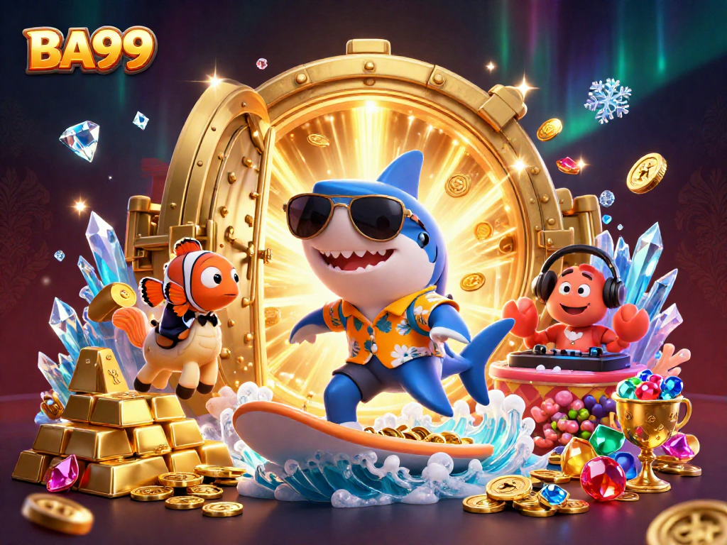 Join the fun at BA99 with a lively jackpot scene of cartoon characters on gold coins, showcasing excitement and vibrant casino gaming.
