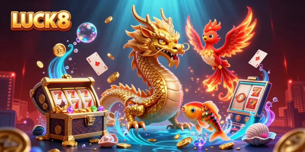 LUCK8: Experience the thrill with a golden dragon, phoenix, and koi fish amidst vibrant casino elements.