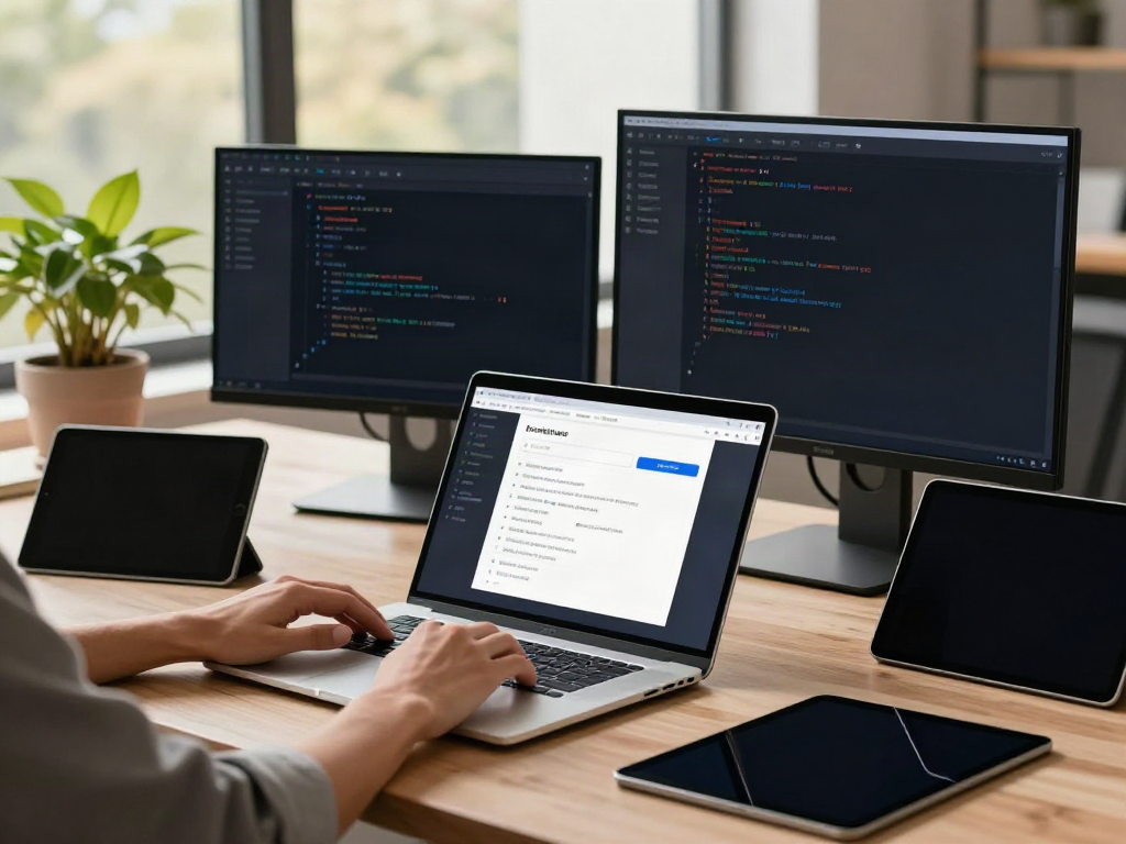 Developer using brave浏览器 on dual monitors in a modern office setting.