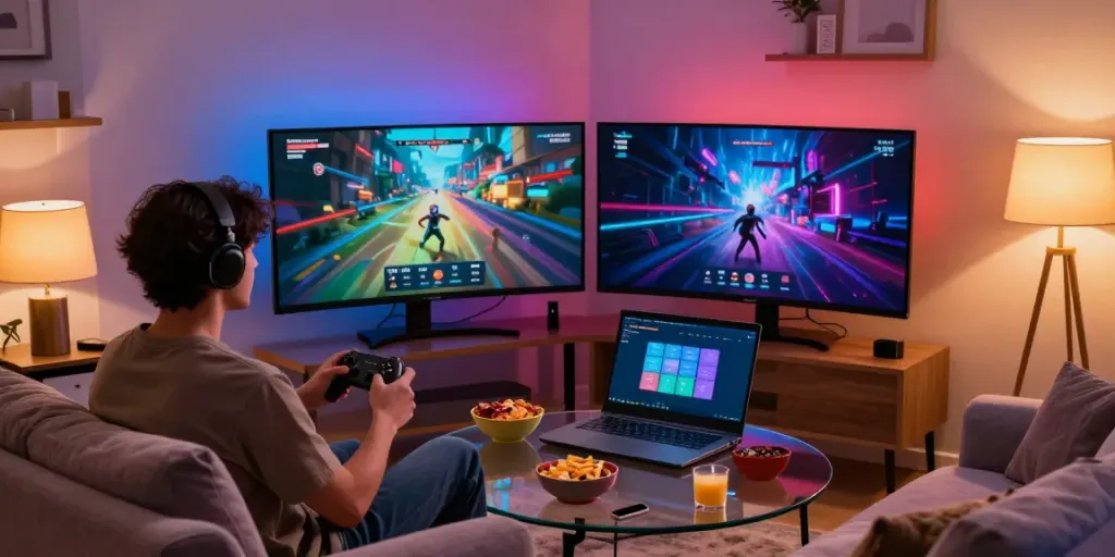 Gamer enjoying an immersive experience using the rokok88 apk on a large screen.