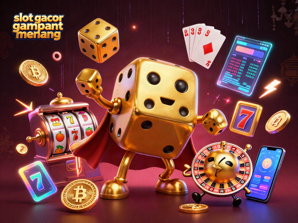 Engage with the slot gacor gampang menang featuring a golden dice golem juggling smaller dice and surrounded by exciting game elements.