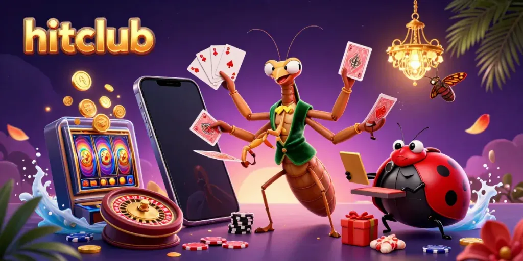 Engage with hitclub's vibrant gaming scene featuring a giant mantis card sharp and ladybug pit boss.