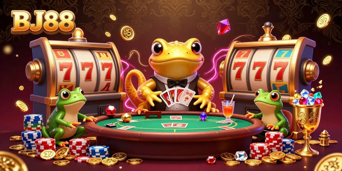 Win big at BJ88 with colorful slot machines and playful characters in a lively casino scene.