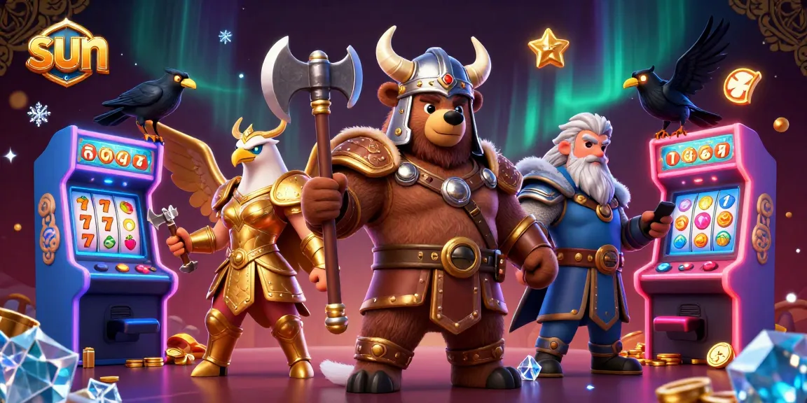 Experience thrilling casino action with sun-themed 3D illustration featuring a Viking berserker bear and Valkyrie eagle.