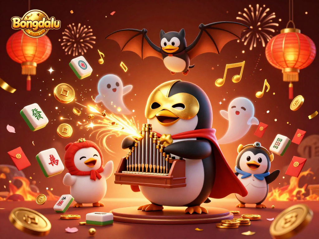 Bongdalu immerses players in a vibrant casino atmosphere with a penguin organist amidst golden coins & festive elements.