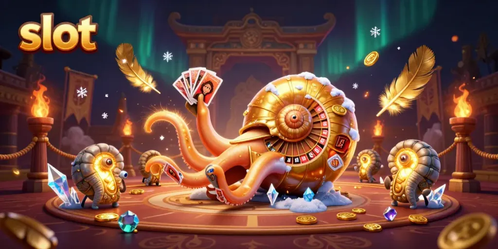 Spinning slot reels captured in an energetic scene with cards and golden tokens at a casino.