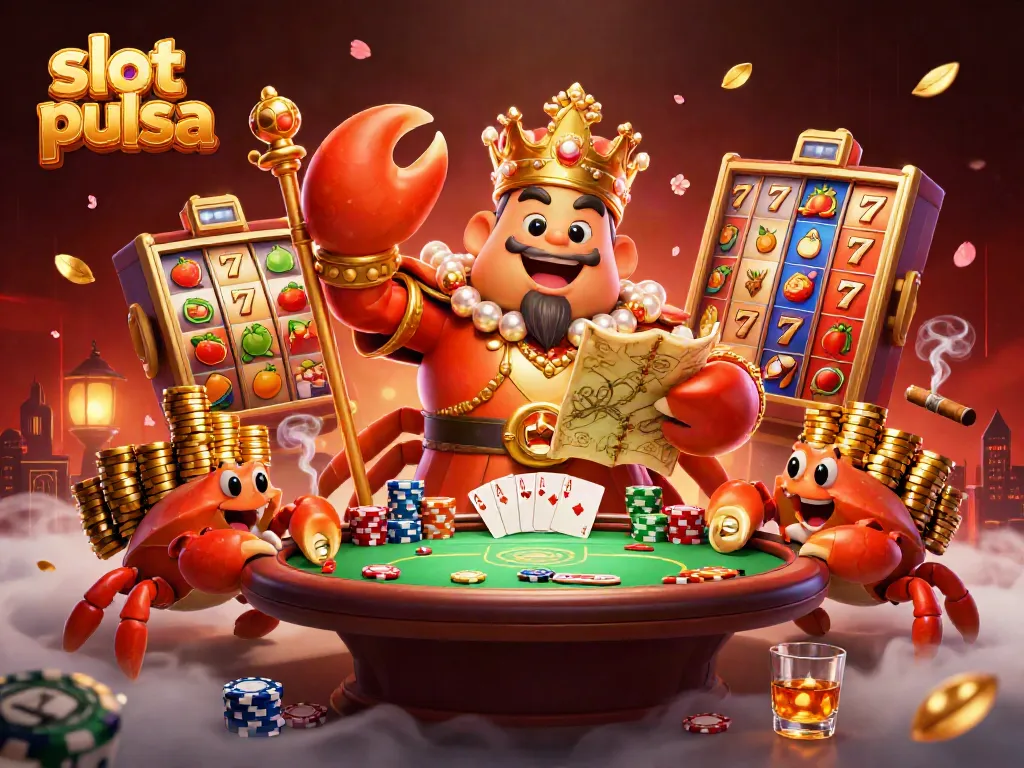 Ilustrasi slot pulsa yang menggambarkan kaisar kepiting emas memegang peta harta dan scepter, dikelilingi simbol permainan slot.