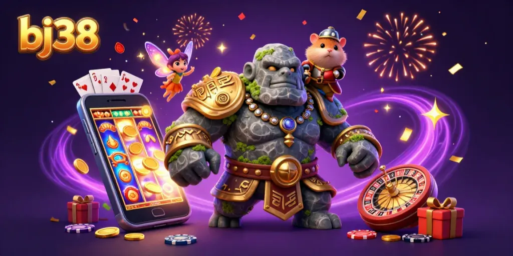 Engage with the exciting bj38 casino scene featuring a golem, fairy, and hamster knight amidst magical slot game elements.