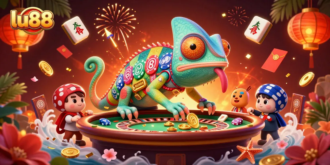 Experience the vibrant world of lu88 as the chameleon owner captures coins in a dynamic casino scene.