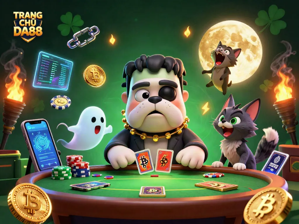 Play exciting poker at TRANG CHỦ DA88, where a Frankenstein bulldog deals cards amidst a ghostly backdrop.