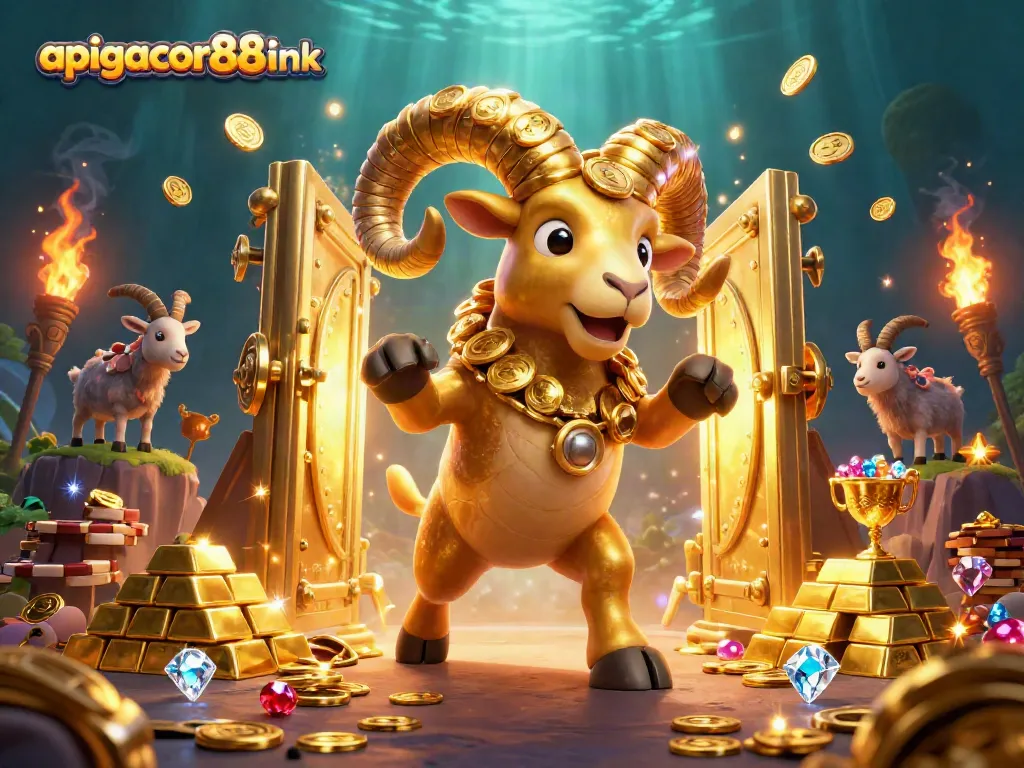 Engage with exciting games at apigacor88link, featuring vibrant casino elements and golden treasures.