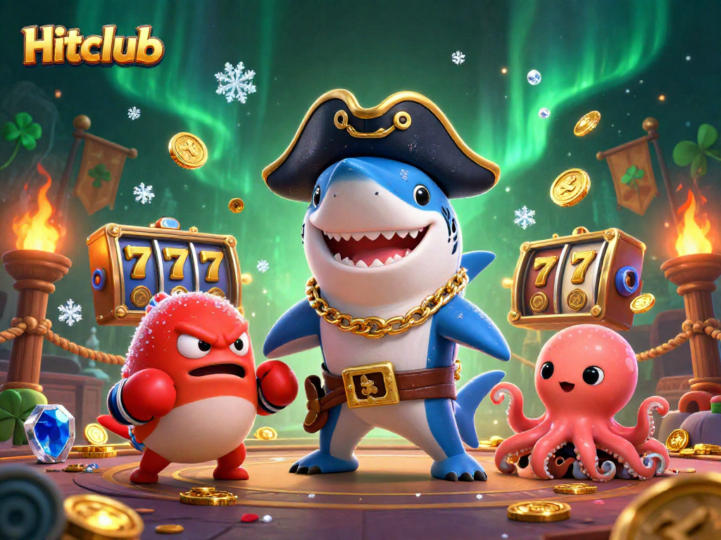 Hitclub showcases a vibrant scene with a pirate shark and friends in a thrilling online casino.